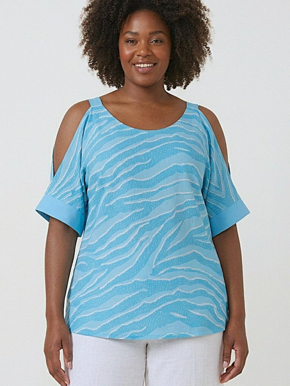 JM COLLECTION Women's Blue Cold-Shoulder Tunic. Size XL